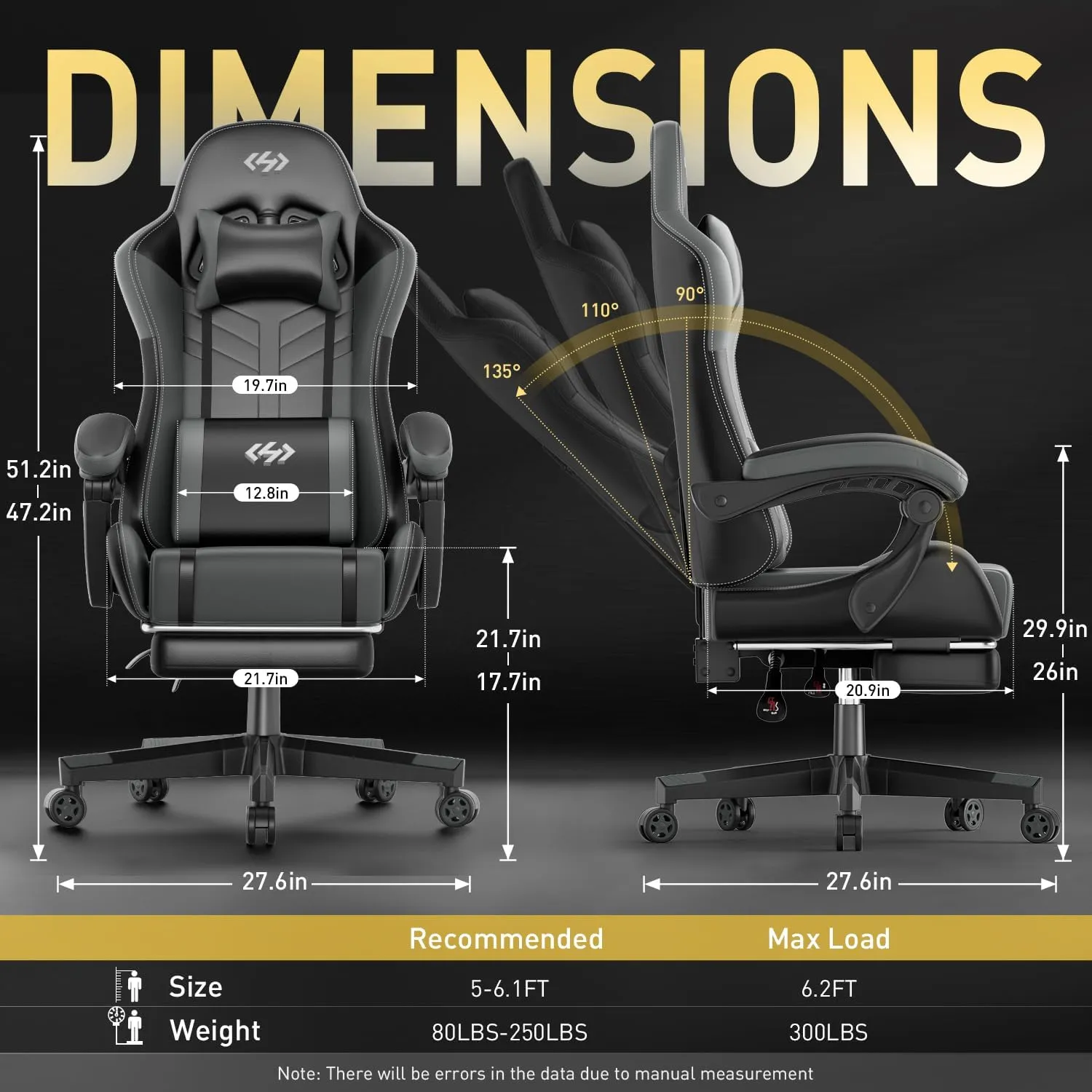 HLDIRECT Gaming Chair, Ergonomic Video Game Seat with 360° Swivel & Lumbar Massage, Computer Chair PU Leather Cushion for Adults Home/Office Use (Black & Grey)