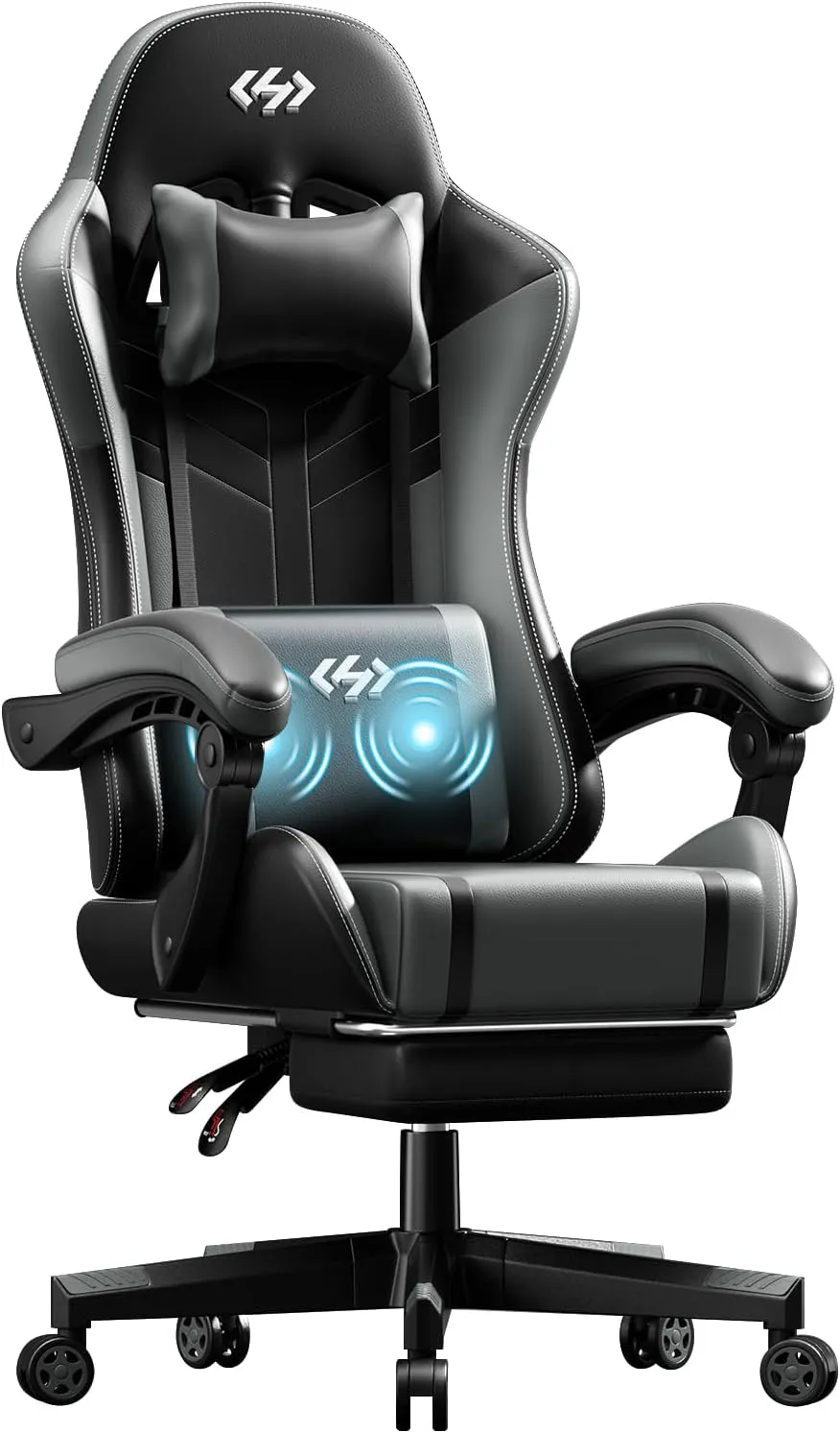 HLDIRECT Gaming Chair, Ergonomic Video Game Seat with 360° Swivel & Lumbar Massage, Computer Chair PU Leather Cushion for Adults Home/Office Use (Black & Grey)