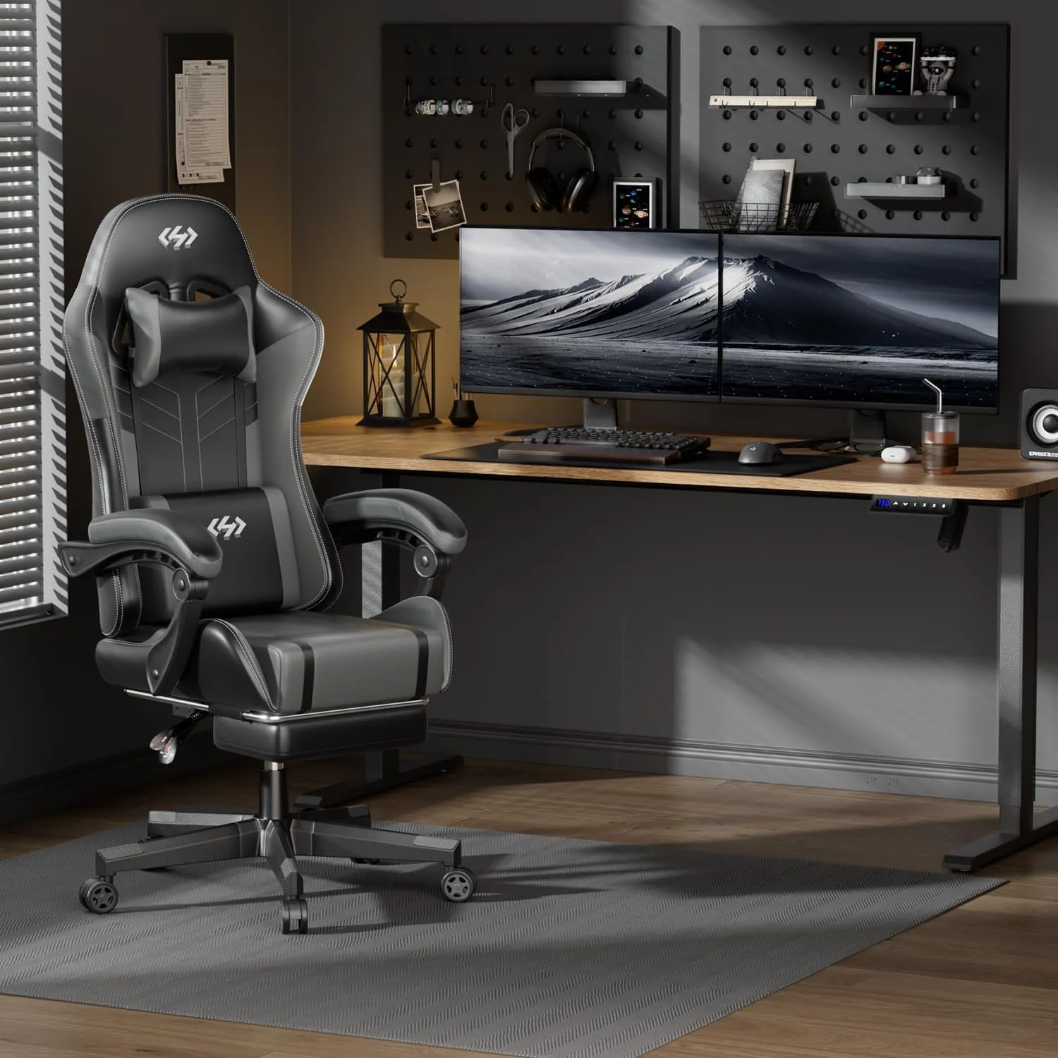 HLDIRECT Gaming Chair, Ergonomic Video Game Seat with 360° Swivel & Lumbar Massage, Computer Chair PU Leather Cushion for Adults Home/Office Use (Black & Grey)