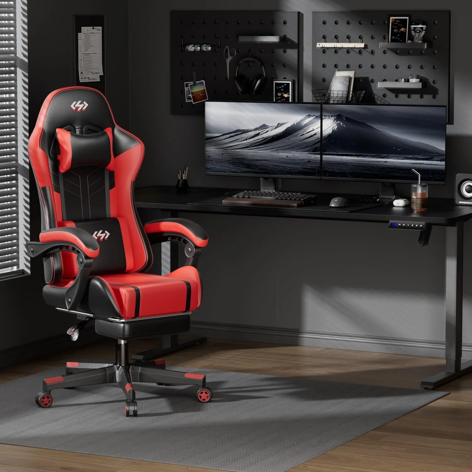 HLDIRECT Gaming Chair, Ergonomic Video Game Seat with 360° Swivel & Lumbar Massage, Computer Chair PU Leather Cushion for Adults Home/Office Use (Black & Red)