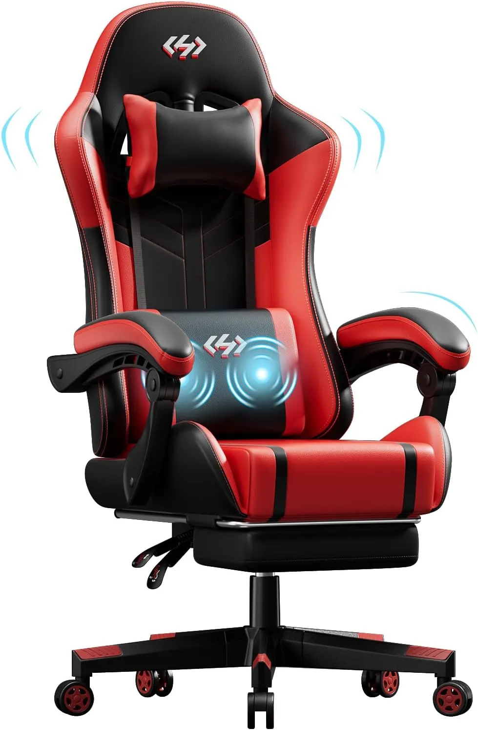 HLDIRECT Gaming Chair, Ergonomic Video Game Seat with 360° Swivel & Lumbar Massage, Computer Chair PU Leather Cushion for Adults Home/Office Use (Black & Red)