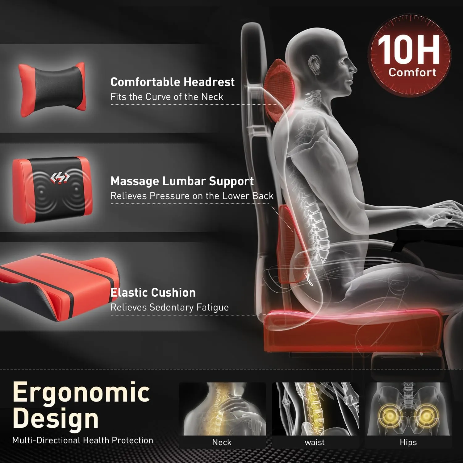 HLDIRECT Gaming Chair, Ergonomic Video Game Seat with 360° Swivel & Lumbar Massage, Computer Chair PU Leather Cushion for Adults Home/Office Use (Black & Red)