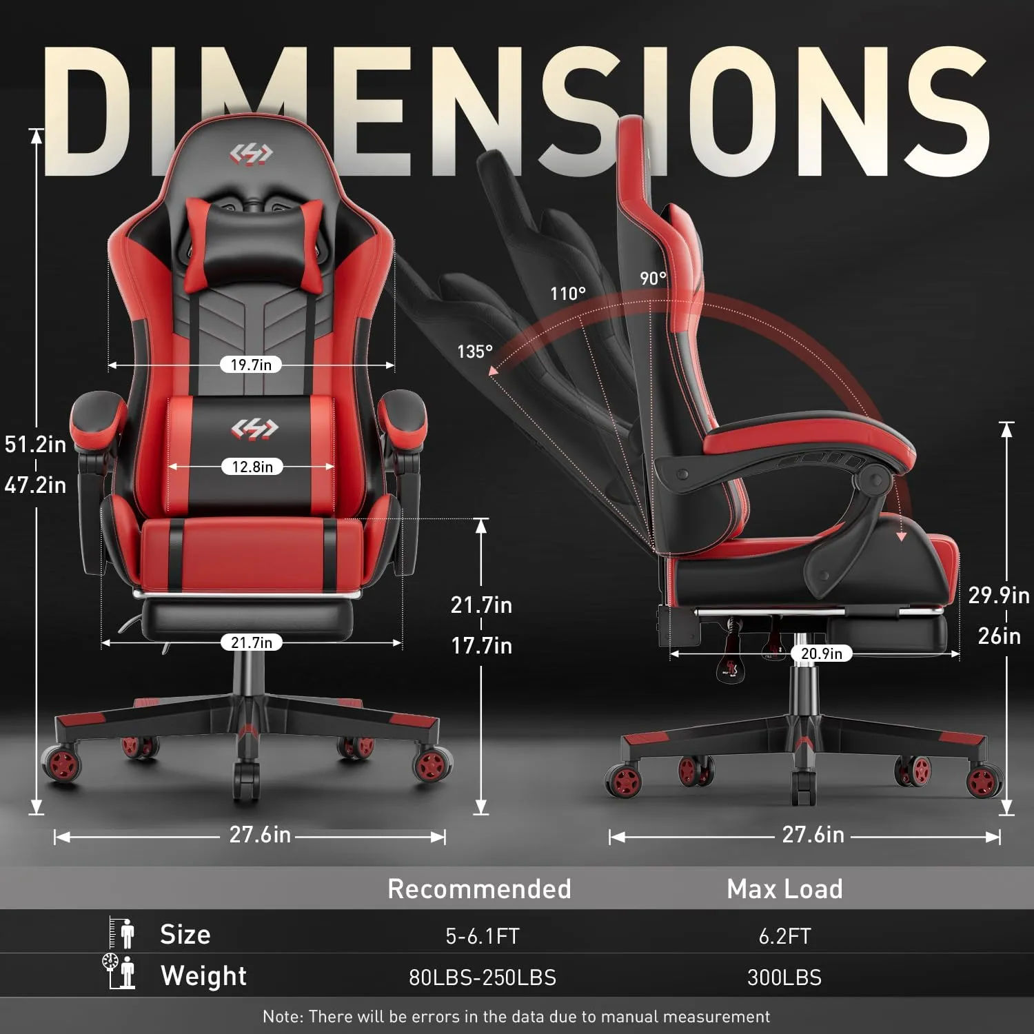 HLDIRECT Gaming Chair, Ergonomic Video Game Seat with 360° Swivel & Lumbar Massage, Computer Chair PU Leather Cushion for Adults Home/Office Use (Black & Red)