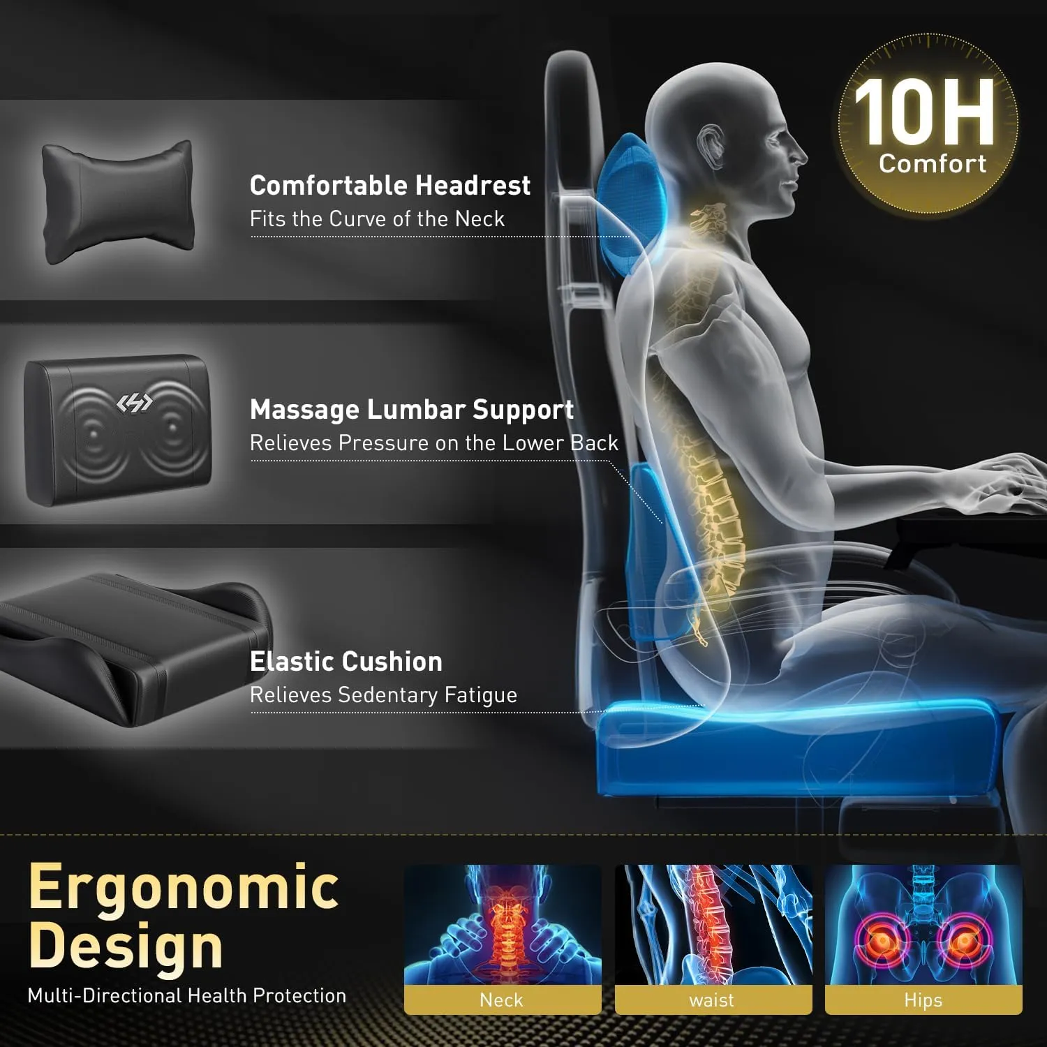 HLDIRECT Gaming Chair, Ergonomic Video Game Seat with 360° Swivel & Lumbar Massage, Computer Chair PU Leather Cushion for Adults Home/Office Use (Black)
