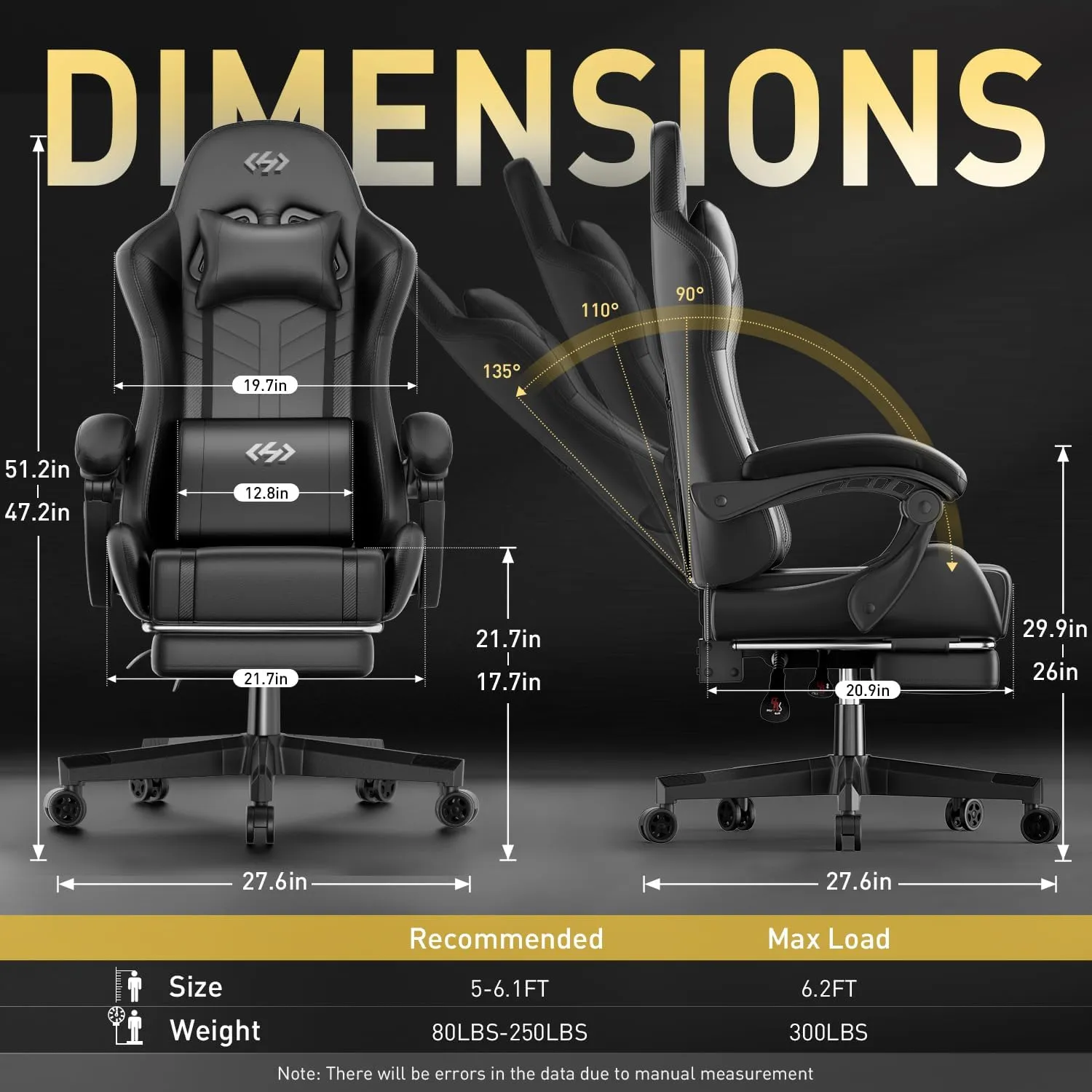 HLDIRECT Gaming Chair, Ergonomic Video Game Seat with 360° Swivel & Lumbar Massage, Computer Chair PU Leather Cushion for Adults Home/Office Use (Black)