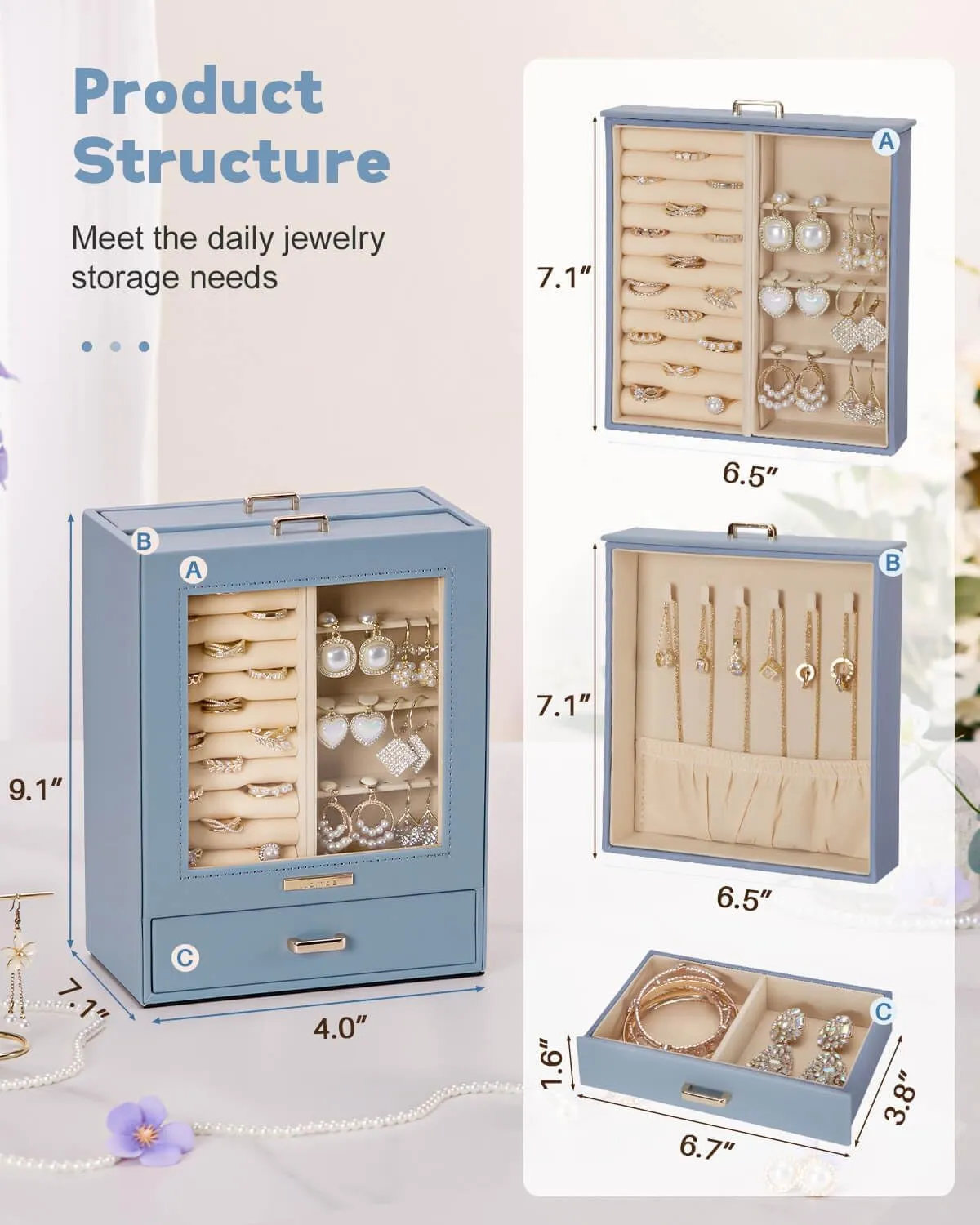 Homde Jewelry Organizer Girls Women Jewelry Box for Necklaces Rings Earrings Gift Bracelets Storage Case (Grey Blue   Gold)