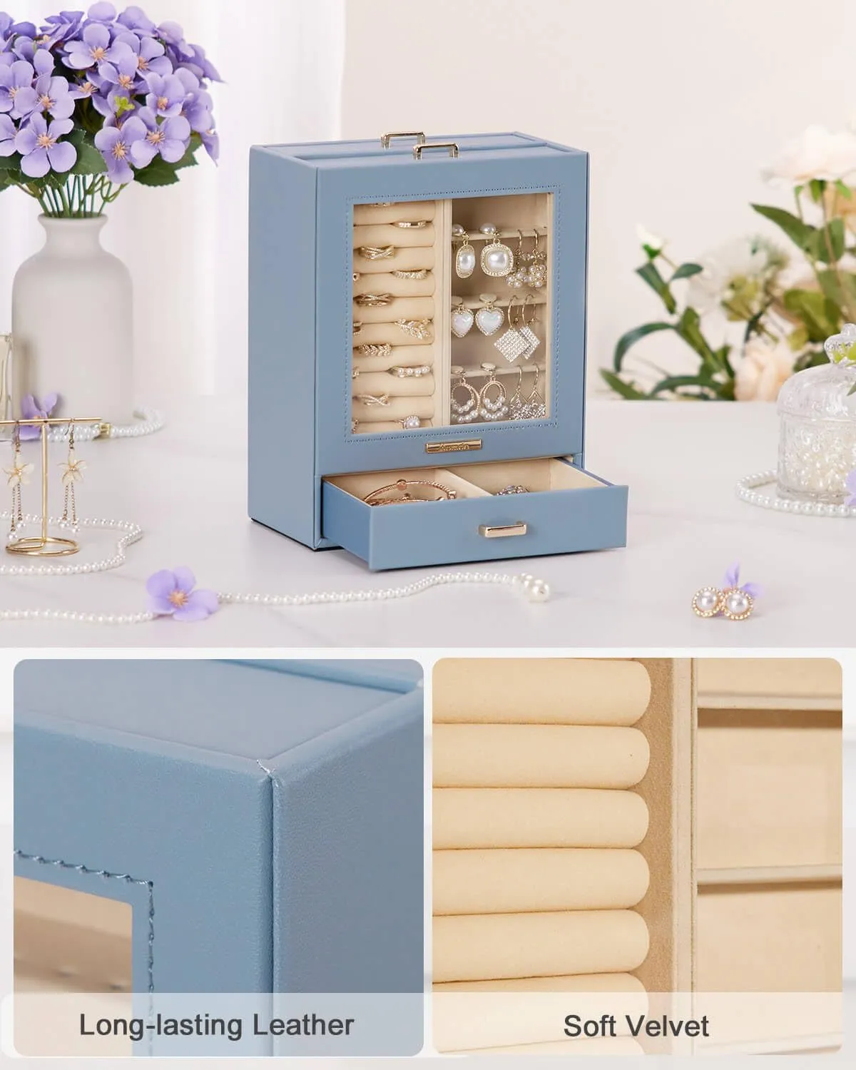 Homde Jewelry Organizer Girls Women Jewelry Box for Necklaces Rings Earrings Gift Bracelets Storage Case (Grey Blue   Gold)