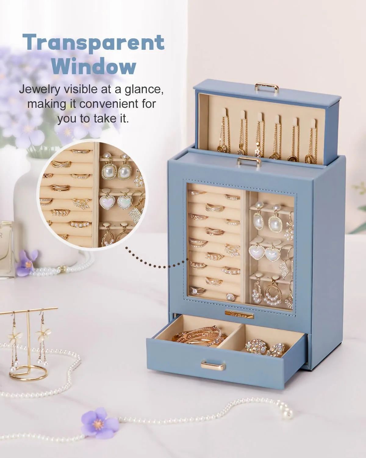 Homde Jewelry Organizer Girls Women Jewelry Box for Necklaces Rings Earrings Gift Bracelets Storage Case (Grey Blue   Gold)