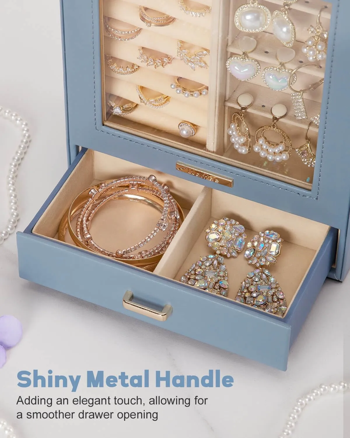 Homde Jewelry Organizer Girls Women Jewelry Box for Necklaces Rings Earrings Gift Bracelets Storage Case (Grey Blue   Gold)