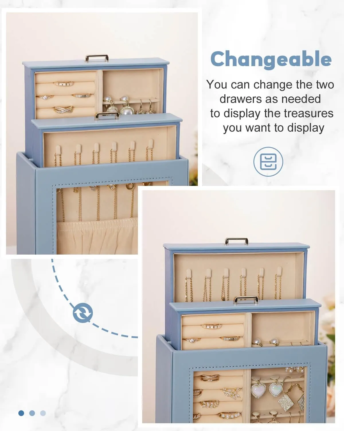 Homde Jewelry Organizer Girls Women Jewelry Box for Necklaces Rings Earrings Gift Bracelets Storage Case (Grey Blue   Gold)