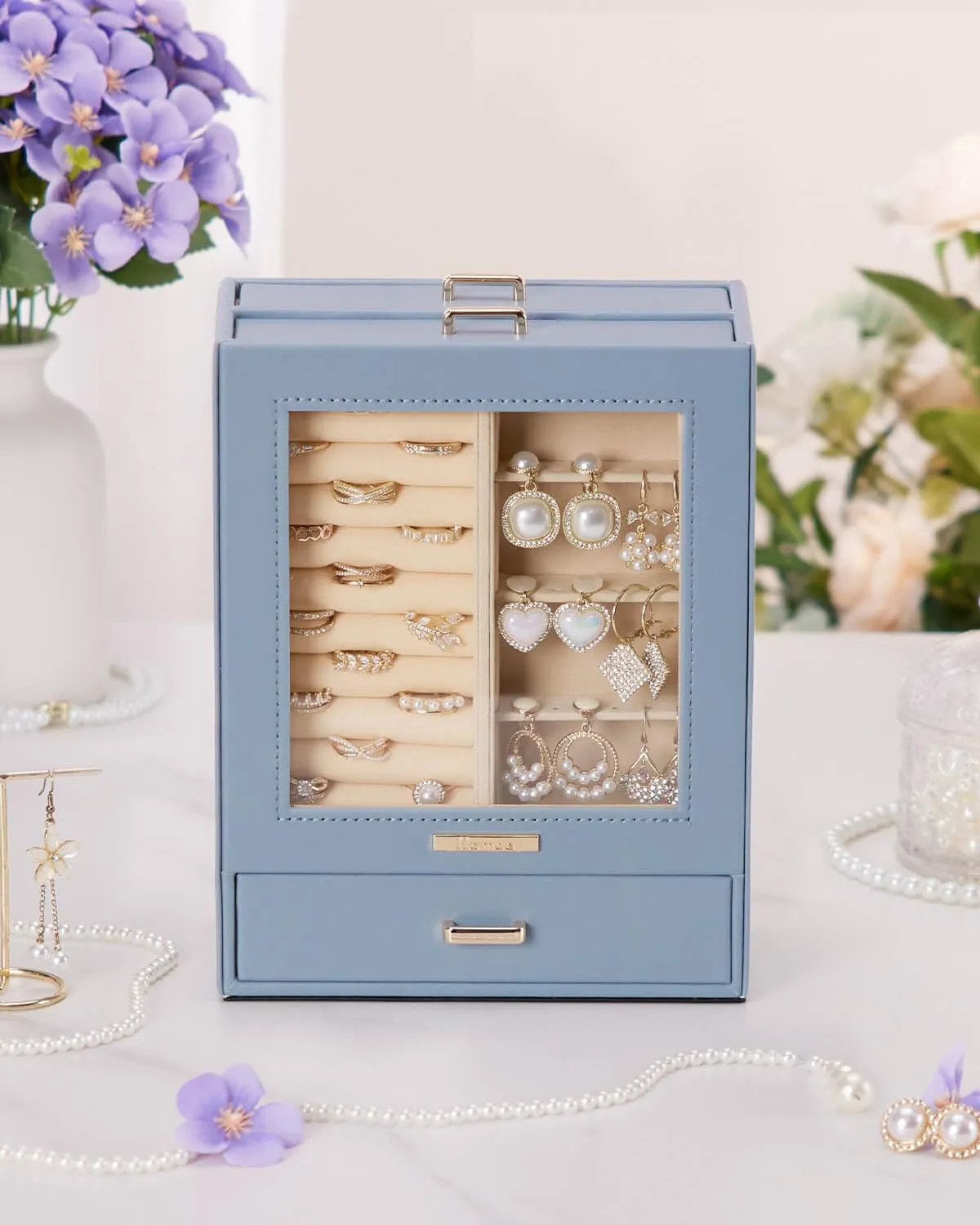Homde Jewelry Organizer Girls Women Jewelry Box for Necklaces Rings Earrings Gift Bracelets Storage Case (Grey Blue   Gold)