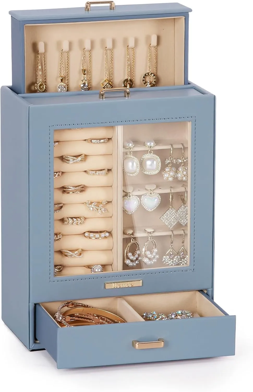 Homde Jewelry Organizer Girls Women Jewelry Box for Necklaces Rings Earrings Gift Bracelets Storage Case (Grey Blue   Gold)