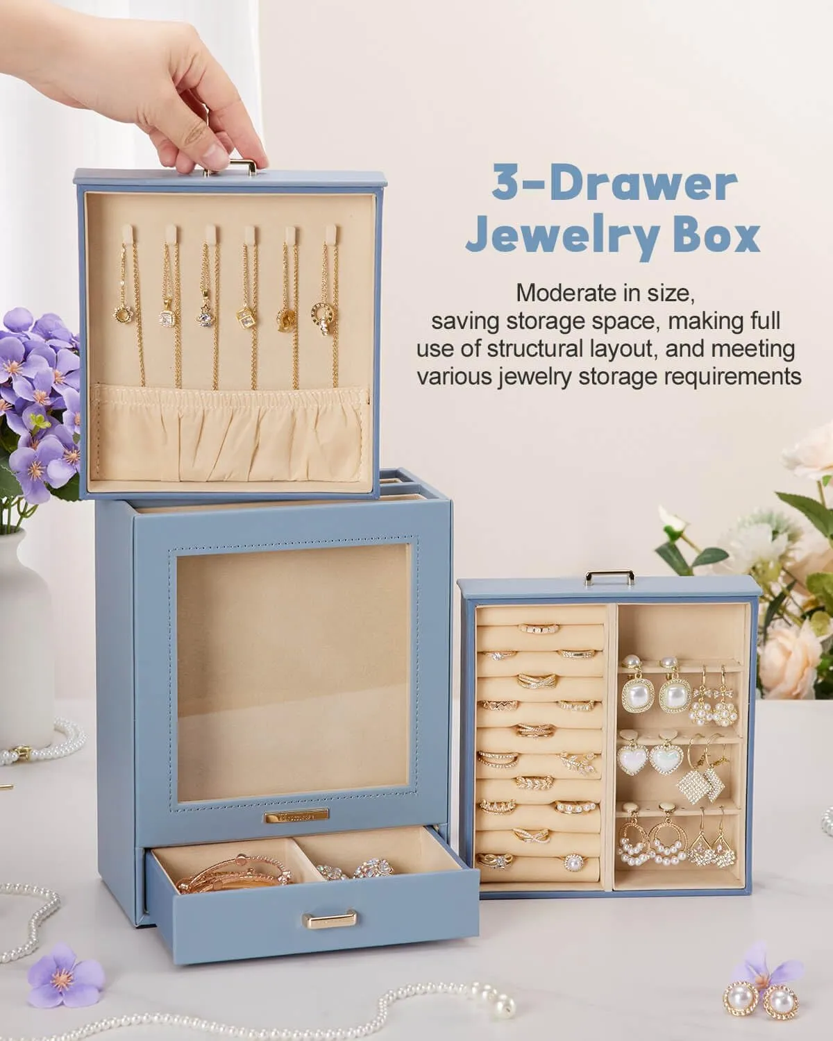 Homde Jewelry Organizer Girls Women Jewelry Box for Necklaces Rings Earrings Gift Bracelets Storage Case (Grey Blue   Gold)