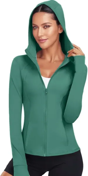 Hooded Women's Athletic Full Zip Lightweight Workout Jacket with Pockets and Thumb Holes