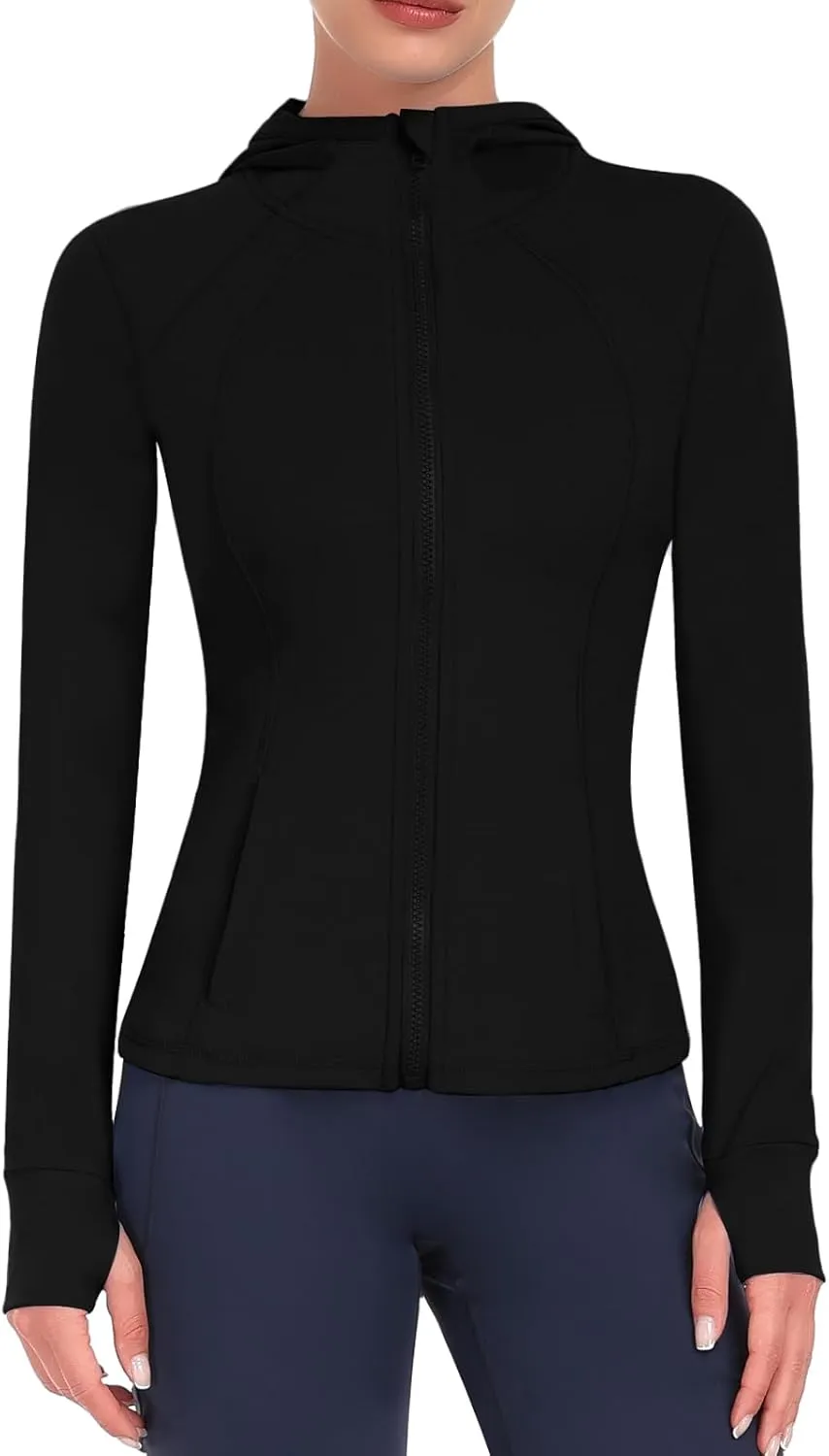 Hooded Women's Athletic Full Zip Lightweight Workout Jacket with Pockets and Thumb Holes