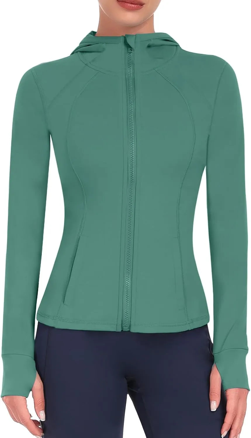 Hooded Women's Athletic Full Zip Lightweight Workout Jacket with Pockets and Thumb Holes