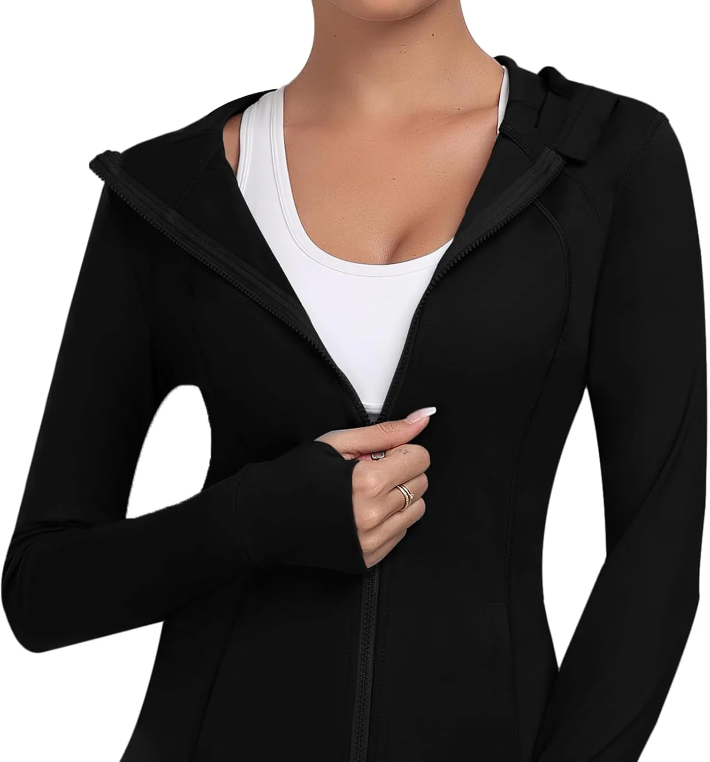 Hooded Women's Athletic Full Zip Lightweight Workout Jacket with Pockets and Thumb Holes