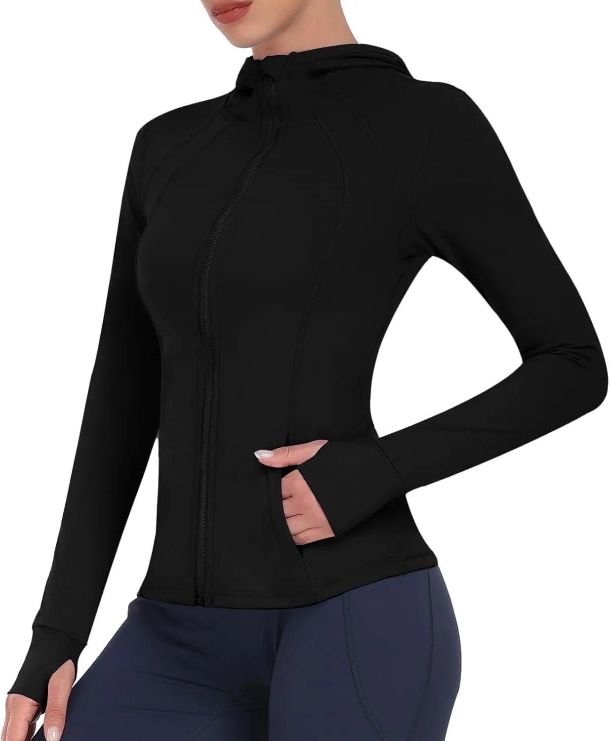 Hooded Women's Athletic Full Zip Lightweight Workout Jacket with Pockets and Thumb Holes