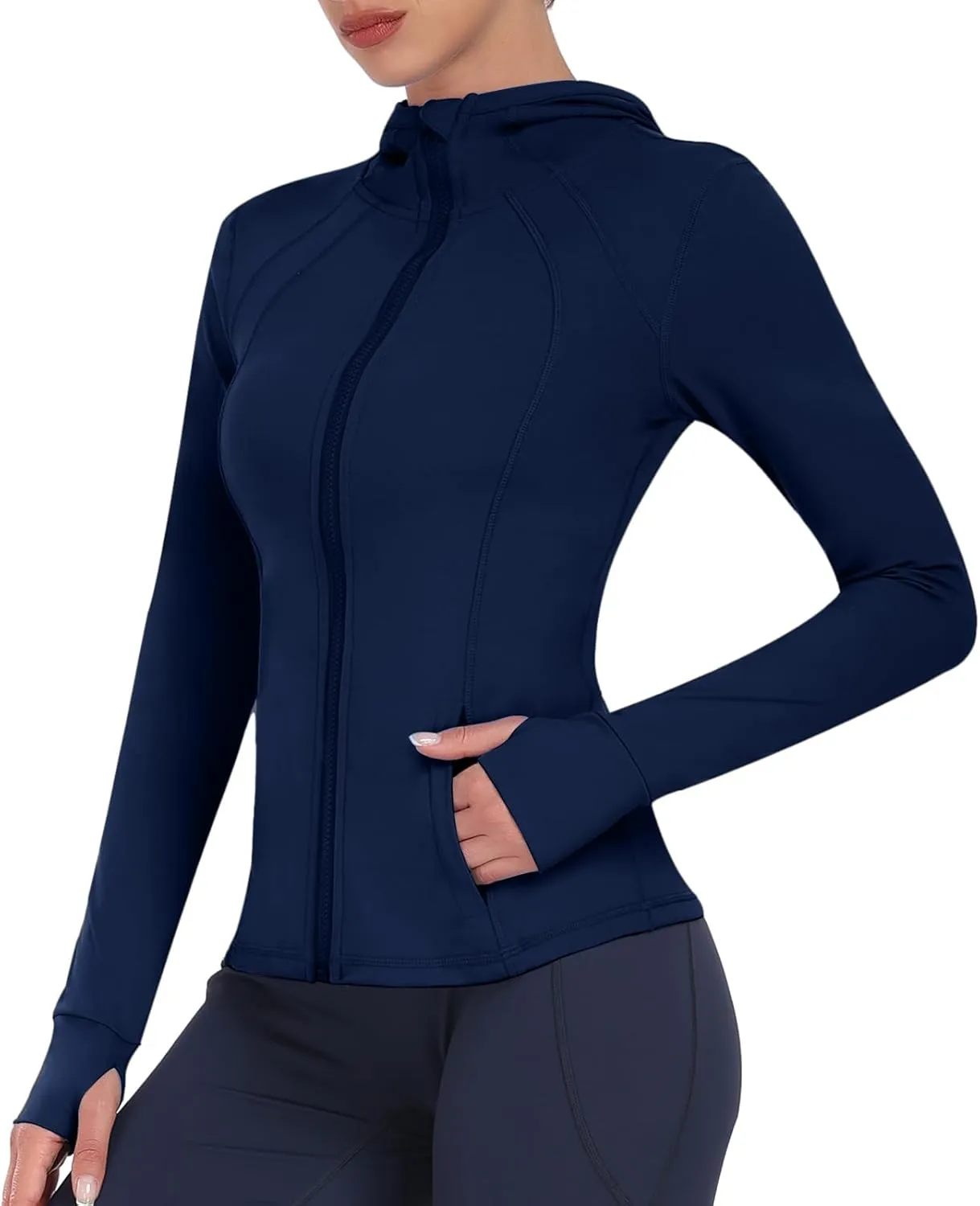 Hooded Women's Athletic Full Zip Lightweight Workout Jacket with Pockets and Thumb Holes