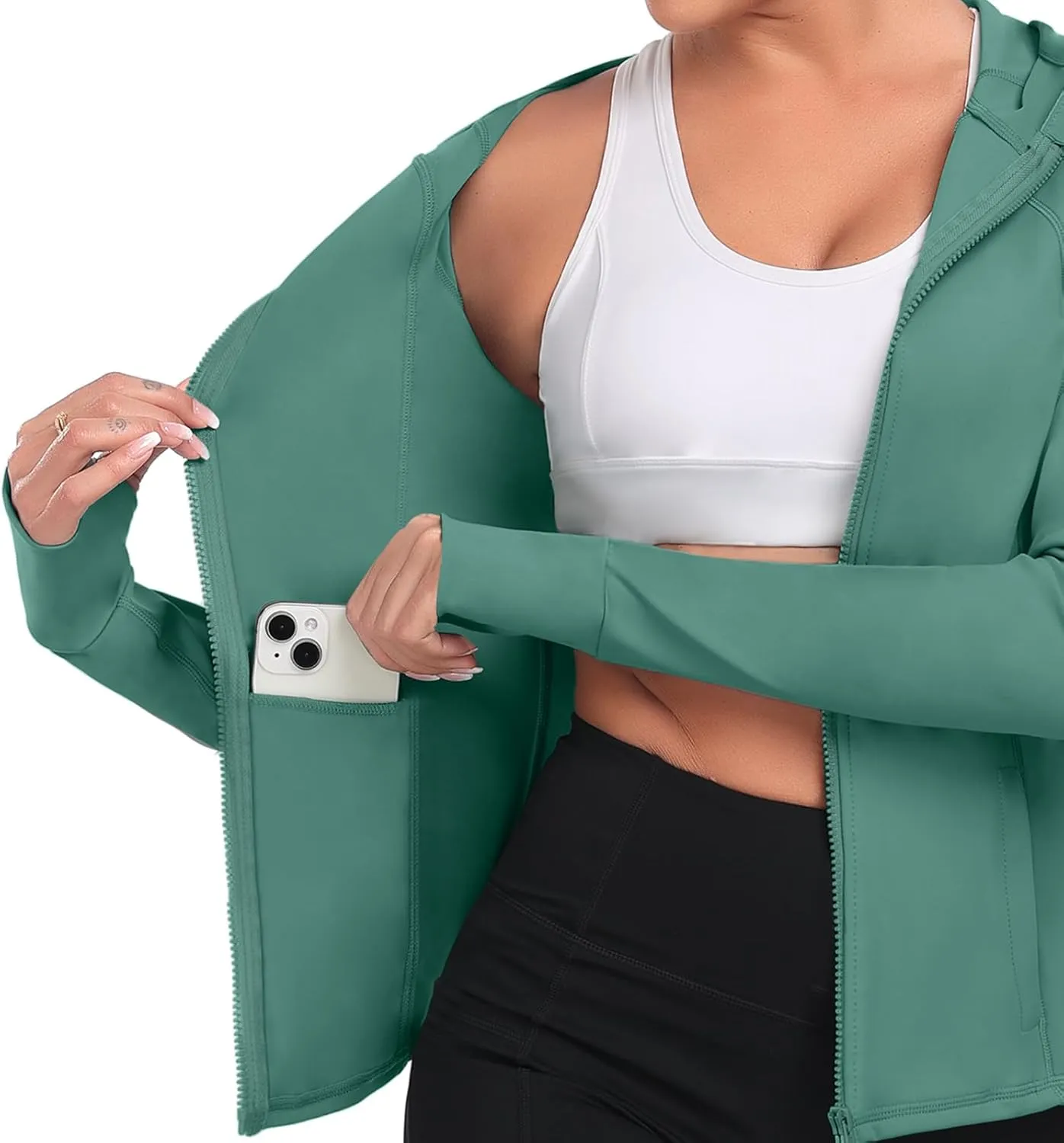 Hooded Women's Athletic Full Zip Lightweight Workout Jacket with Pockets and Thumb Holes
