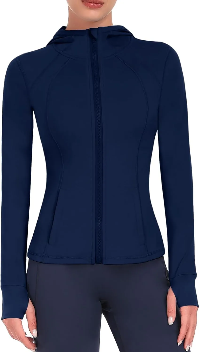 Hooded Women's Athletic Full Zip Lightweight Workout Jacket with Pockets and Thumb Holes
