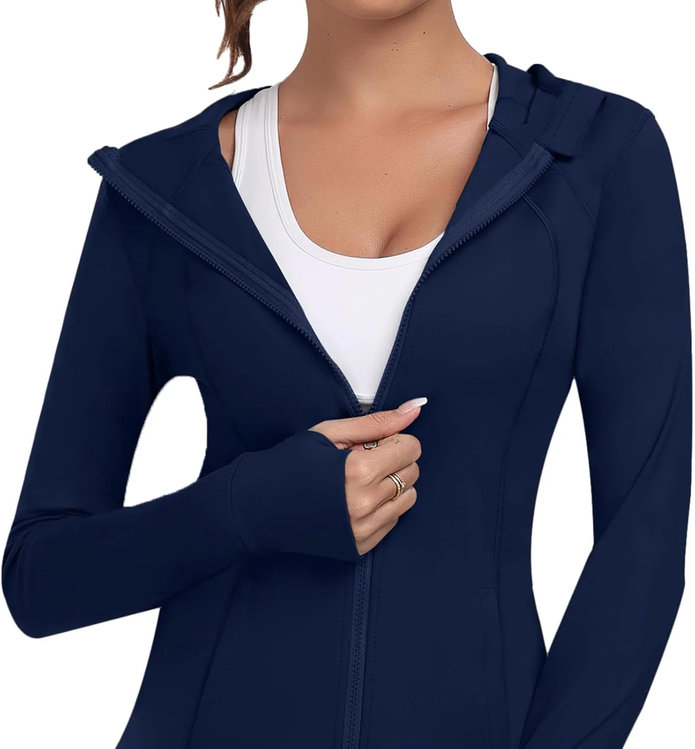 Hooded Women's Athletic Full Zip Lightweight Workout Jacket with Pockets and Thumb Holes
