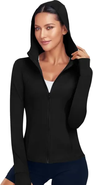 Hooded Women's Athletic Full Zip Lightweight Workout Jacket with Pockets and Thumb Holes
