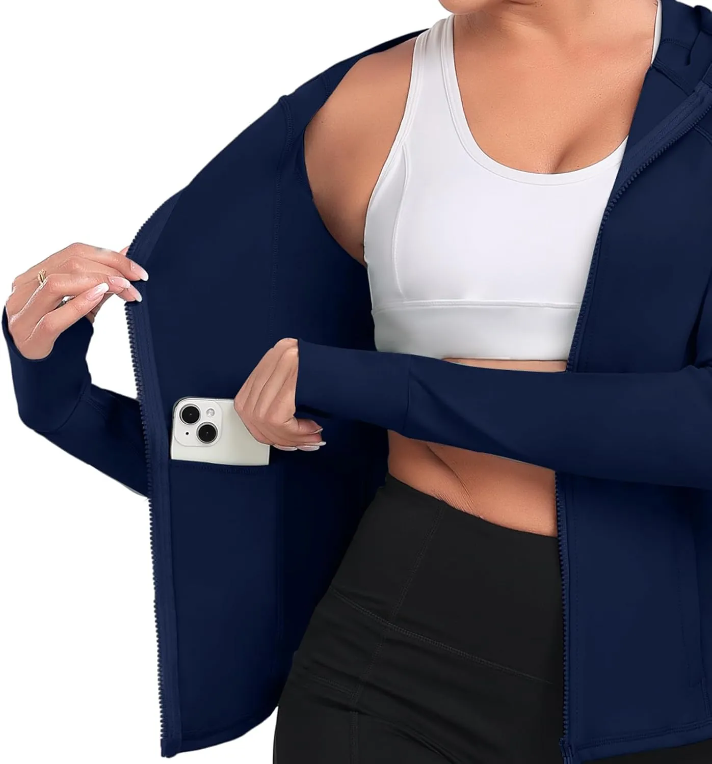 Hooded Women's Athletic Full Zip Lightweight Workout Jacket with Pockets and Thumb Holes