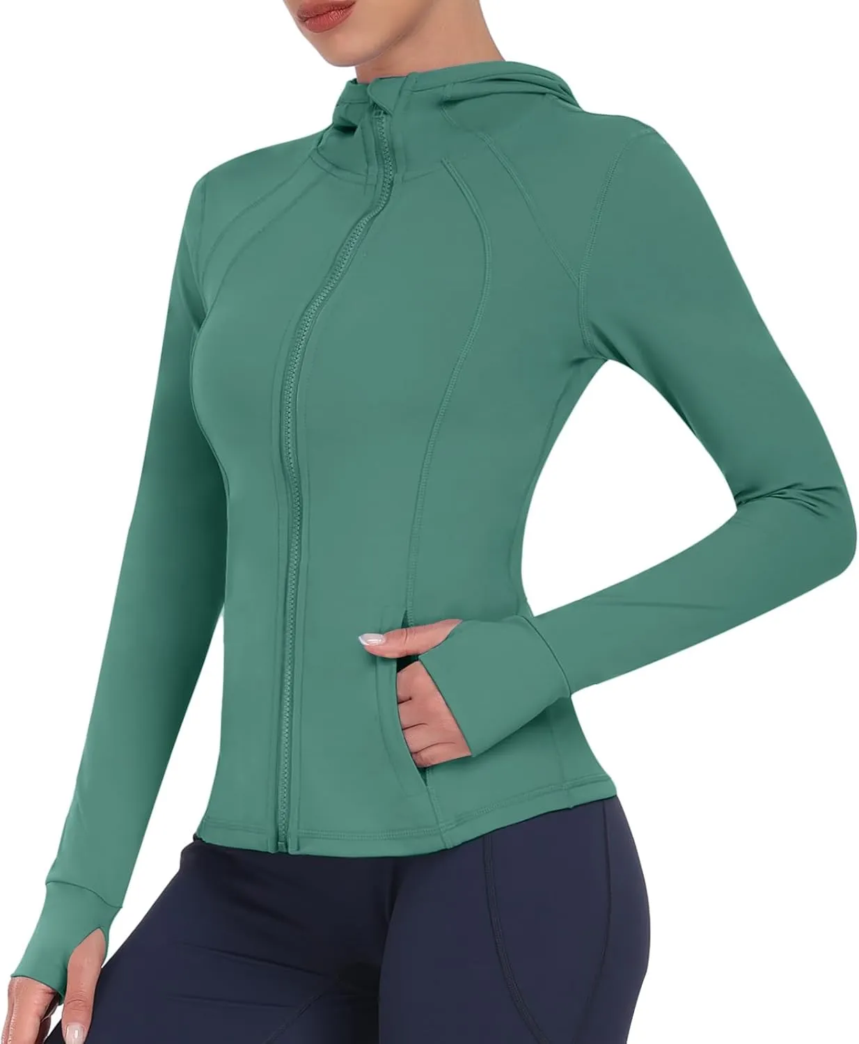 Hooded Women's Athletic Full Zip Lightweight Workout Jacket with Pockets and Thumb Holes