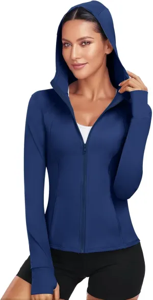 Hooded Women's Athletic Full Zip Lightweight Workout Jacket with Pockets and Thumb Holes