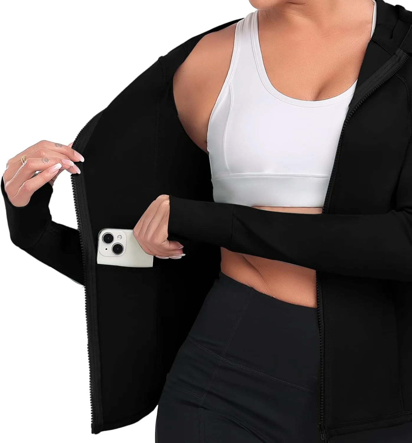 Hooded Women's Athletic Full Zip Lightweight Workout Jacket with Pockets and Thumb Holes