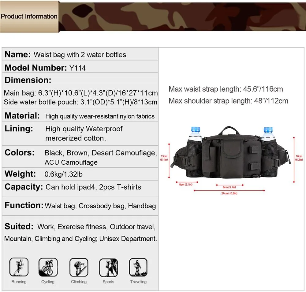 HUNTVP Tactical Waist Pack Bag with Water Bottle Pocket Holder Military Fanny Packs Waterproof Hip Belt Bag Pouch for Hunting Camping Trekking