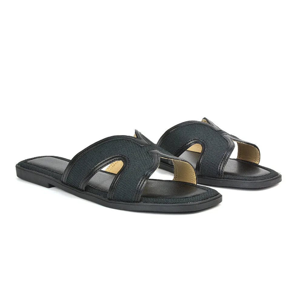 Isabella Slip On Cut Out Square Toe Flat Sandal Slides in Black