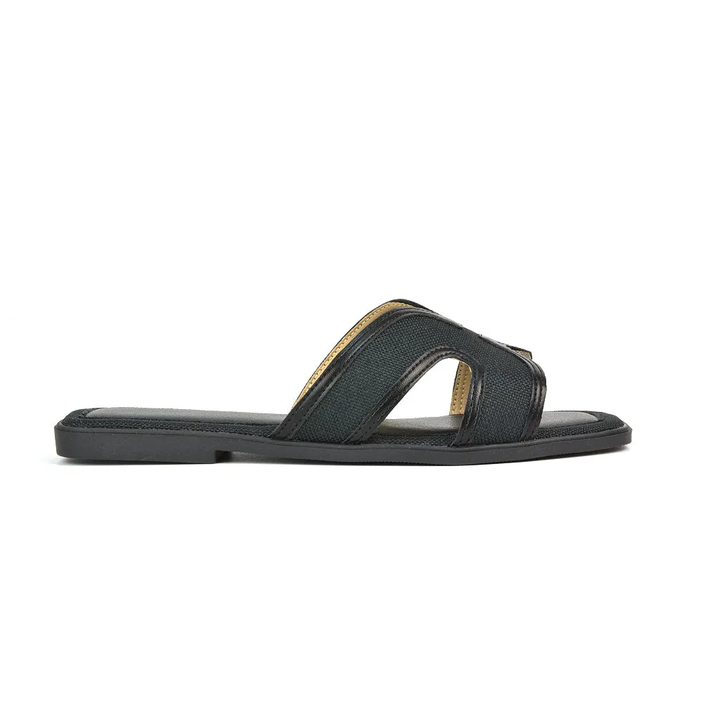 Isabella Slip On Cut Out Square Toe Flat Sandal Slides in Black