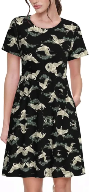 Japanese Crane & Pine Womens Summer Dress Casual Swing Short Sleeve Sundresses Beach A-Line Shift Dress with Pockets