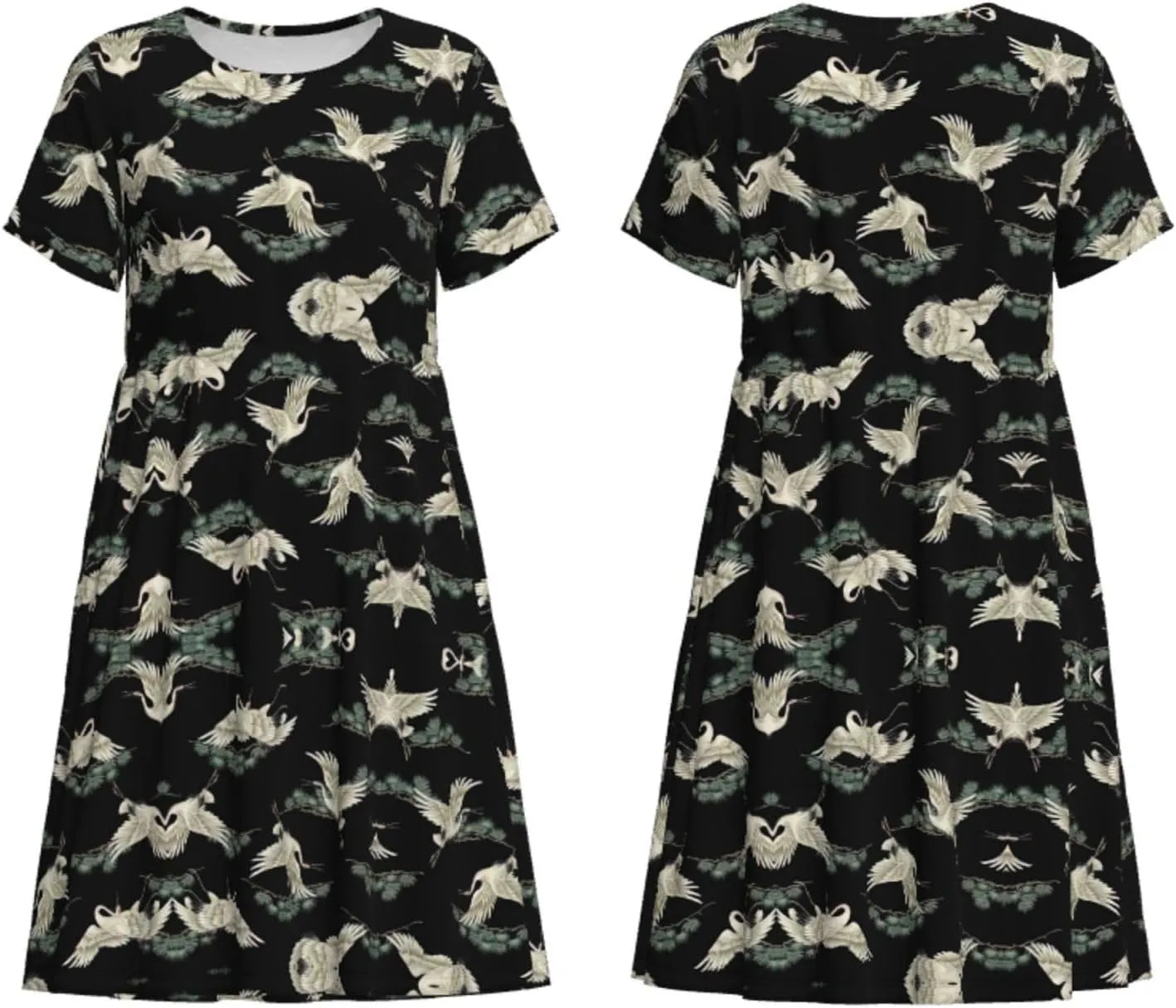 Japanese Crane & Pine Womens Summer Dress Casual Swing Short Sleeve Sundresses Beach A-Line Shift Dress with Pockets