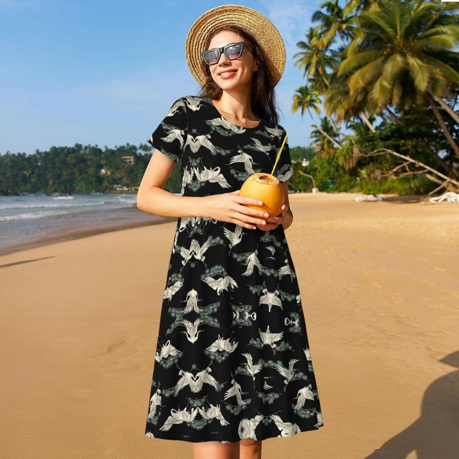 Japanese Crane & Pine Womens Summer Dress Casual Swing Short Sleeve Sundresses Beach A-Line Shift Dress with Pockets