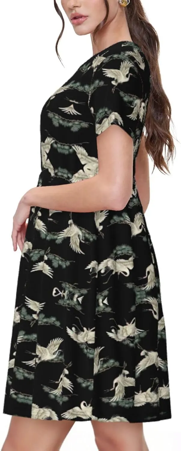 Japanese Crane & Pine Womens Summer Dress Casual Swing Short Sleeve Sundresses Beach A-Line Shift Dress with Pockets