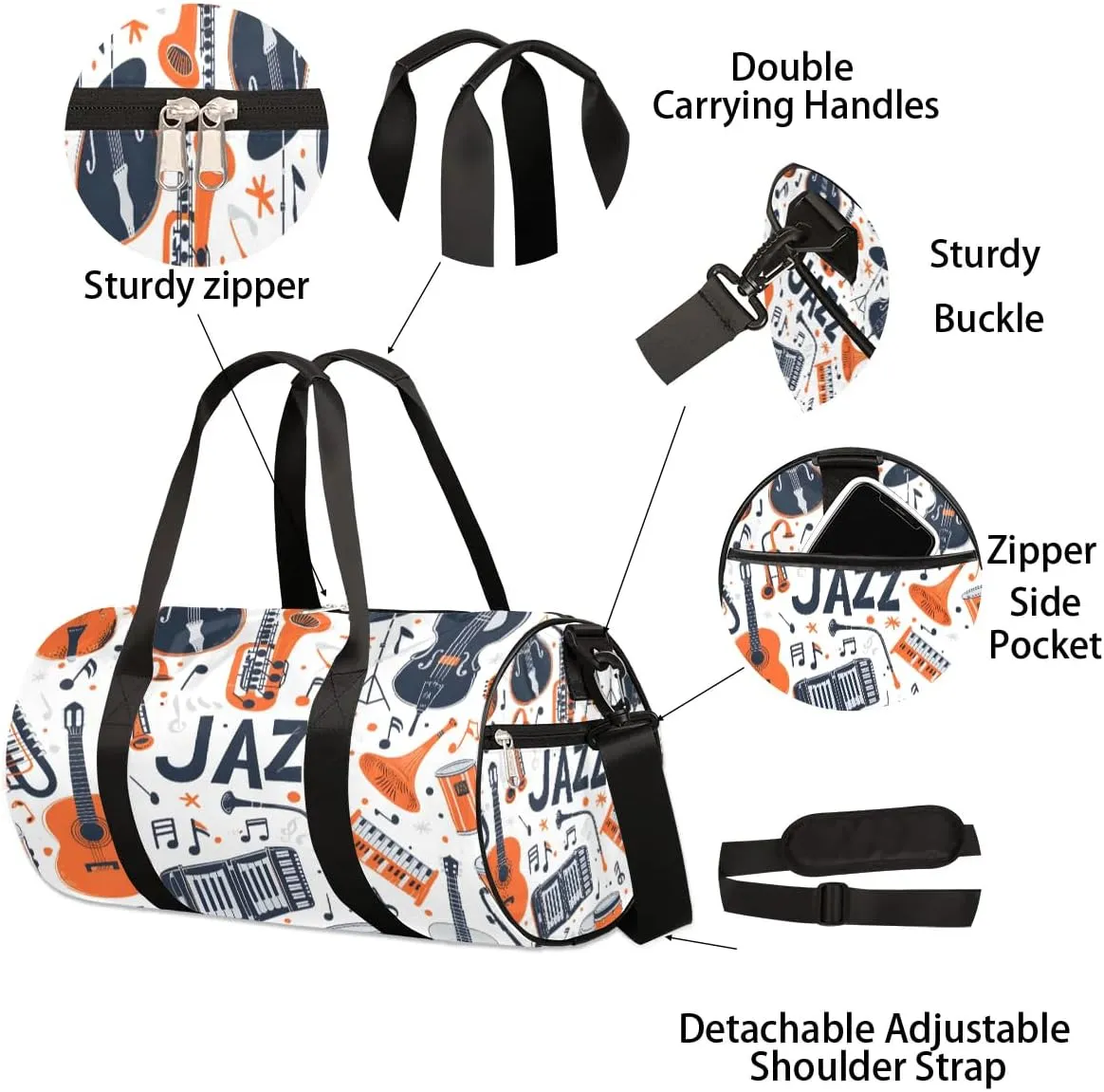 Jazz Musical Instrument Travel Duffle Bag Gym Bag for Women Men Lightweight Carry on Duffel Bag for Sports Gyms Weekend Getaway
