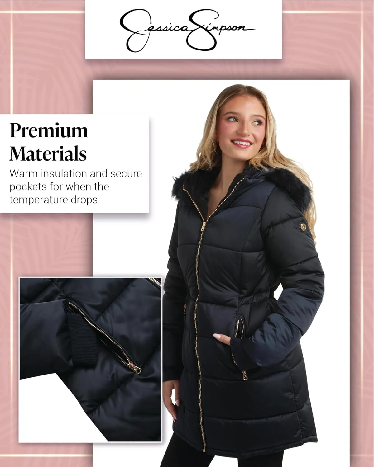 Jessica Simpson Women's Long Puffer Jacket - Quilted Winter Coat with Faux Fur Trim Hood - Insulated Coat for Women (S-XL)