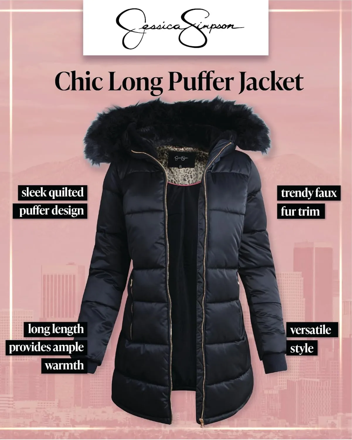 Jessica Simpson Women's Long Puffer Jacket - Quilted Winter Coat with Faux Fur Trim Hood - Insulated Coat for Women (S-XL)