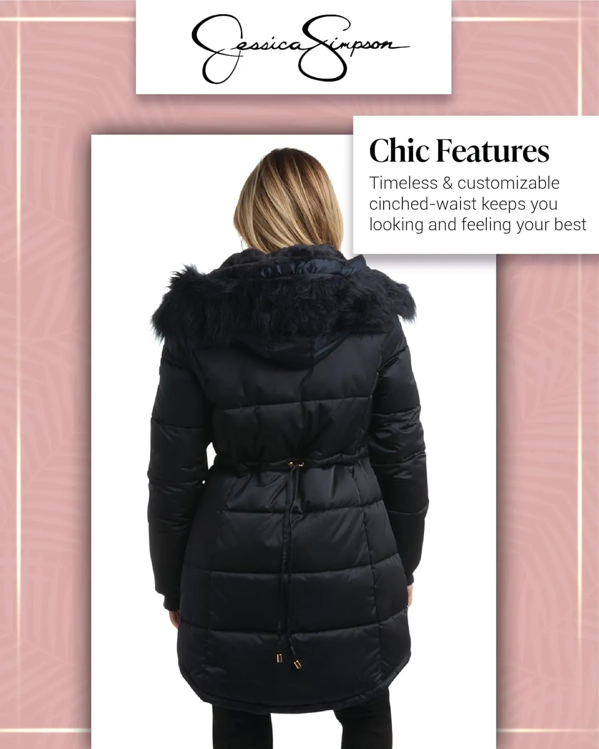 Jessica Simpson Women's Long Puffer Jacket - Quilted Winter Coat with Faux Fur Trim Hood - Insulated Coat for Women (S-XL)