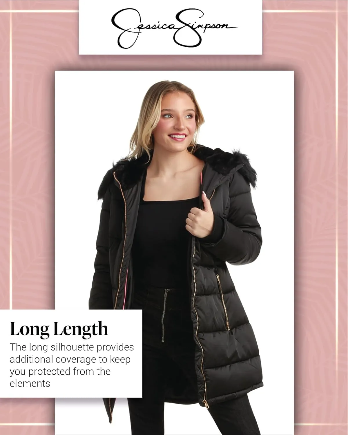 Jessica Simpson Women's Long Puffer Jacket - Quilted Winter Coat with Faux Fur Trim Hood - Insulated Coat for Women (S-XL)