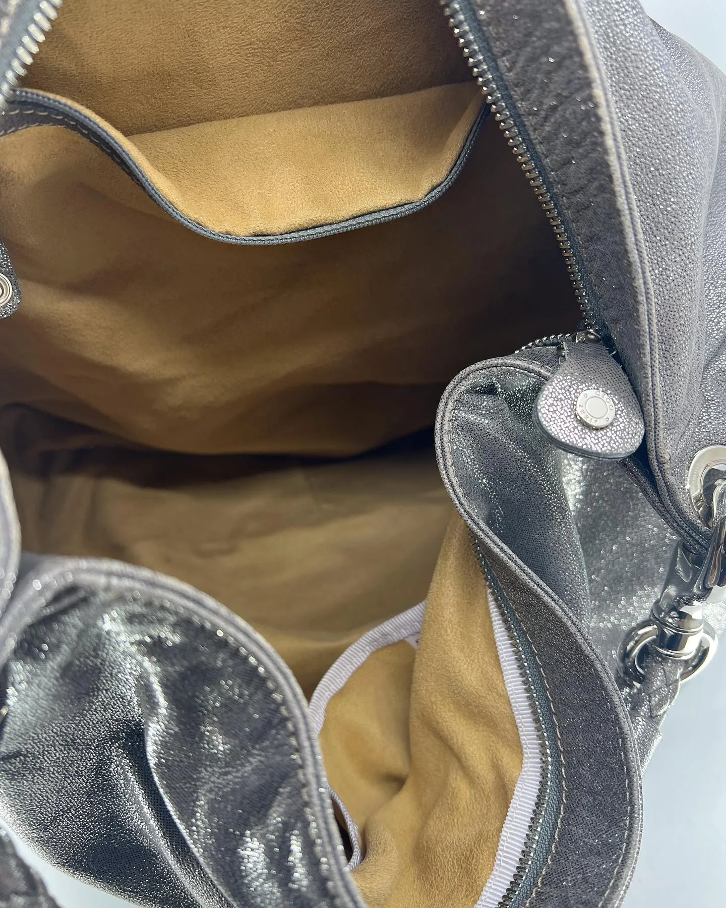 JIMMY CHOO METALLIC SUEDE SKY HOBO BAG