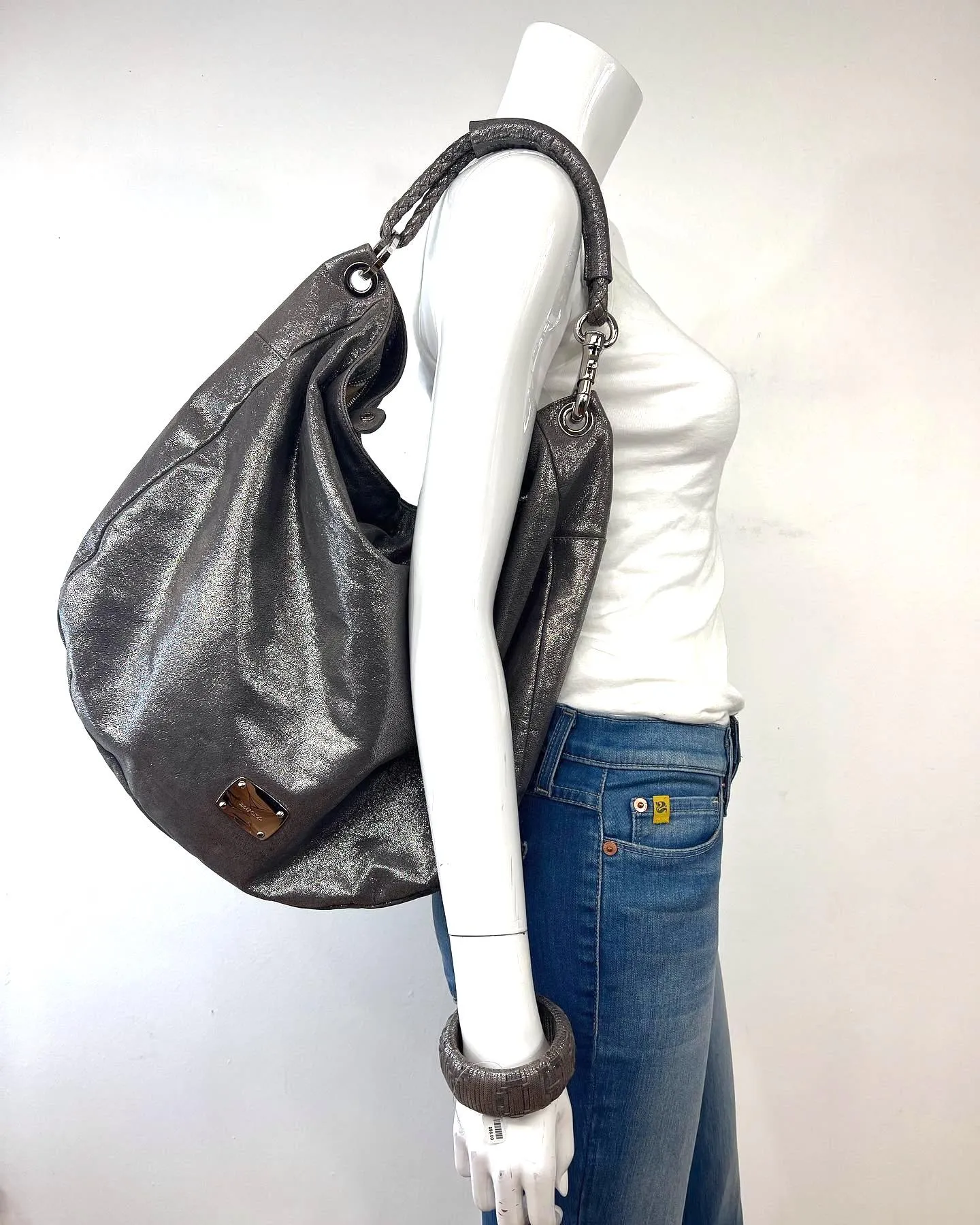 JIMMY CHOO METALLIC SUEDE SKY HOBO BAG