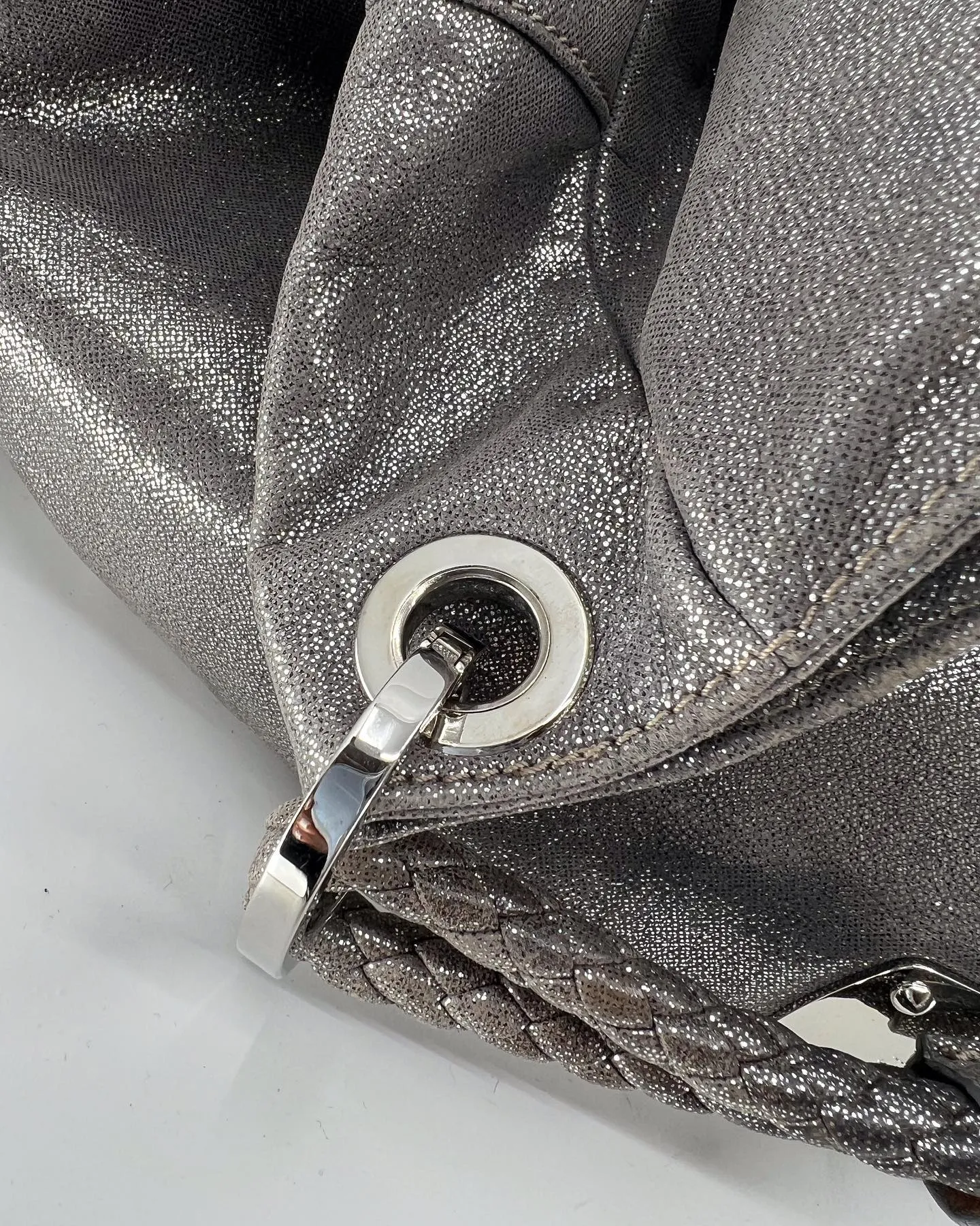 JIMMY CHOO METALLIC SUEDE SKY HOBO BAG