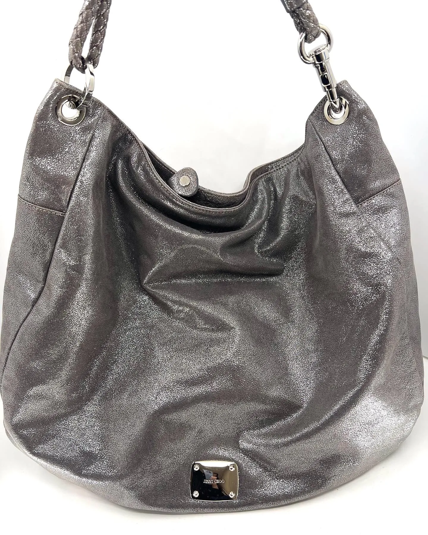 JIMMY CHOO METALLIC SUEDE SKY HOBO BAG