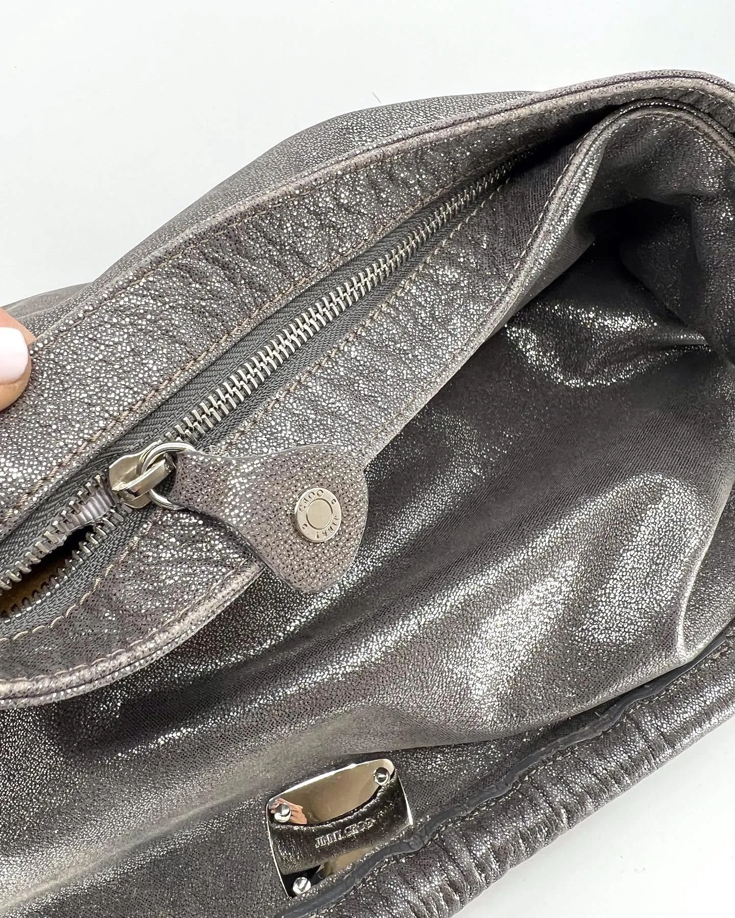 JIMMY CHOO METALLIC SUEDE SKY HOBO BAG