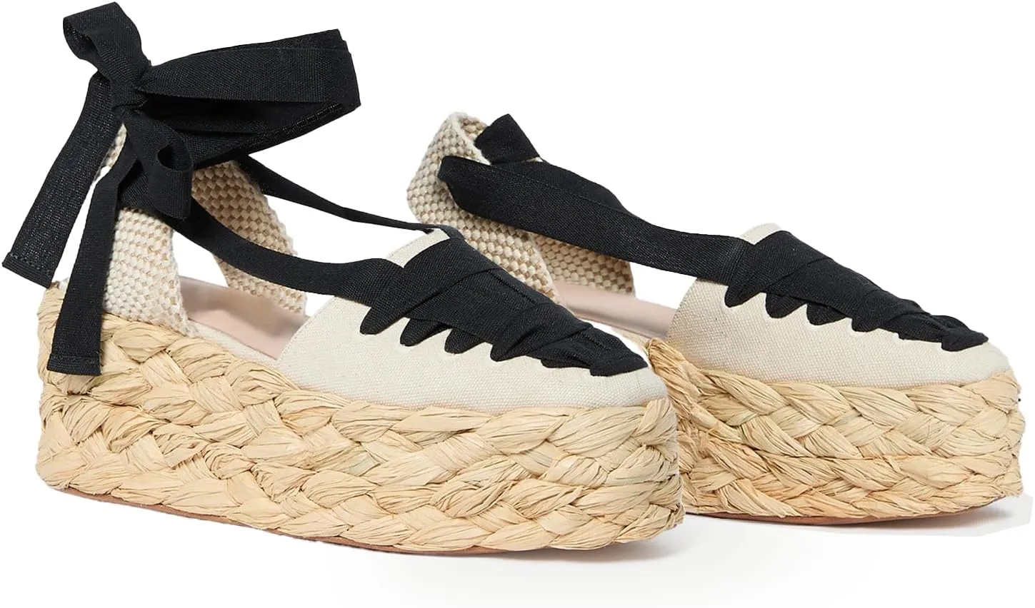 JORISTIMO Women's Flatform Espadrille Sandals Closed Round Toe Lace Up Ribbon Strappy Sandal Adjustable Ankle Tie