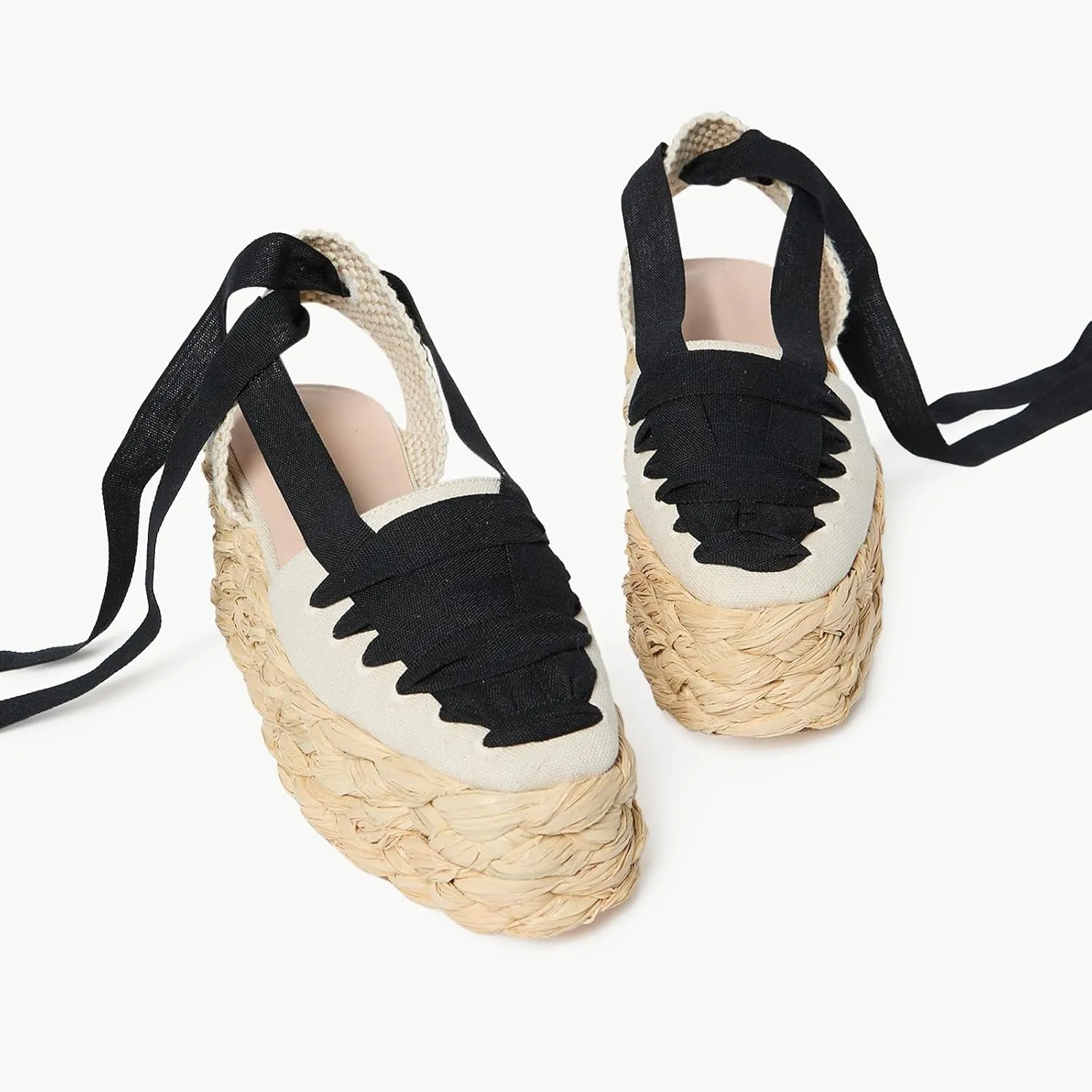 JORISTIMO Women's Flatform Espadrille Sandals Closed Round Toe Lace Up Ribbon Strappy Sandal Adjustable Ankle Tie
